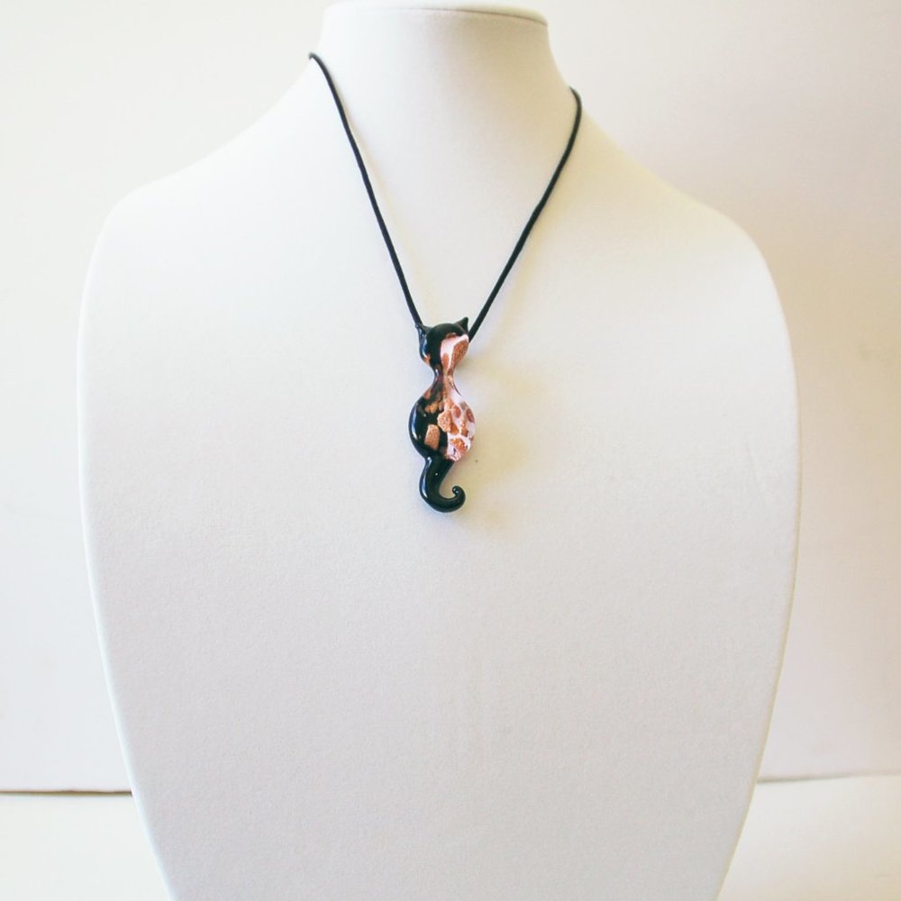 Cat Pendant Murano Glass White 24 K Gold Leaf - Picture 2 of 2